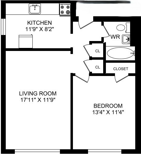 A black and white image of a floor plan for a home with a kitchen, living room, and bedroom.